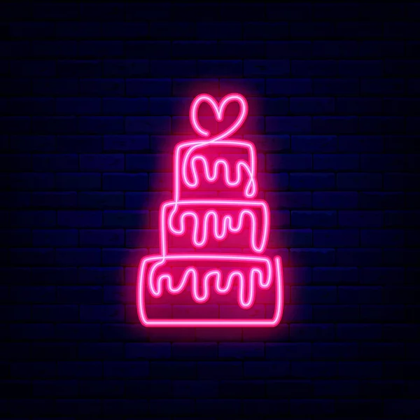 婚礼蛋糕霓虹灯连续图标 蛋糕店的标签 情人节 一个线条画 夜晚明亮的标志和促销 外发光效果横幅 可编辑的中风 孤立的病媒存量说明 — 图库矢量图片
