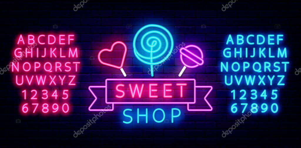 Sweet shop neon sign with candy. Shiny alphabet. Retro logo with ribbon. Night bright signboard on brick wall background. Logo for cafe and restaurant. Vector stock illustration