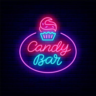 Çikolata neon harfli levha. Tatlı dükkan etiketi. Tuğla duvar arka planında kek ikonu. Fırın logosu. Parlak bir işaret. Dış ışıldayan efekt afişi. Düzenlenebilir felç. İzole vektör illüstrasyonu
