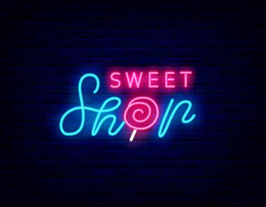 Güzel dükkan neon tabelası. Çikolata. Lolipop. Gece aydınlığı logosu ve terfi. Kafe tabelası. Dış parlama efekti amblemi. Düzenlenebilir felç. İzole vektör stok illüstrasyonu