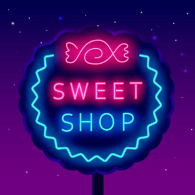 Şekerli neon reklam panosu. Gece lambası tabelası. Parlak etiket. Dış ışıldayan efekt afişi. Düzenlenebilir felç. İzole vektör stok illüstrasyonu