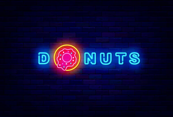 Donuts Leuchtreklame Glänzendes Emblem Für Bäckerei Süßriegel Nachtleuchtendes Logo Banner — Stockvektor