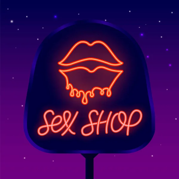 Sekswinkel Neon Belettering Straat Billboard Lippen Kussen Met Smeltende Lippenstift — Stockvector