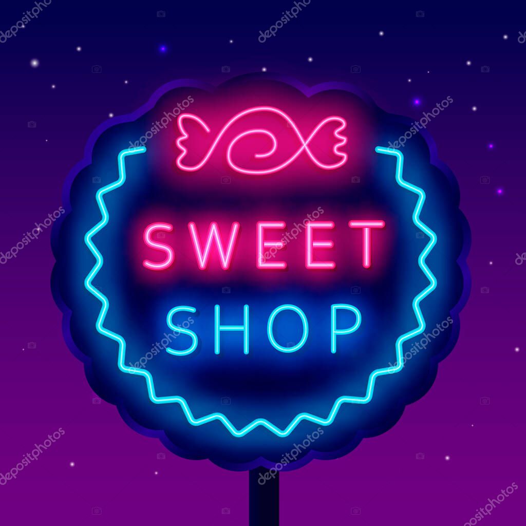 Sweet shop neon billboard with candy. Night bright signboard. Luminous label. Outer glowing effect banner. Editable stroke. Isolated vector stock illustration