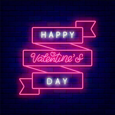 Sevgililer Günün kutlu olsun kurdeleli neon metin. Dış ışıltılı tebrik kartı. Duvarda romantik bir tatil konsepti. Parlak etiket. Düzenlenebilir felç. İzole vektör stok illüstrasyonu