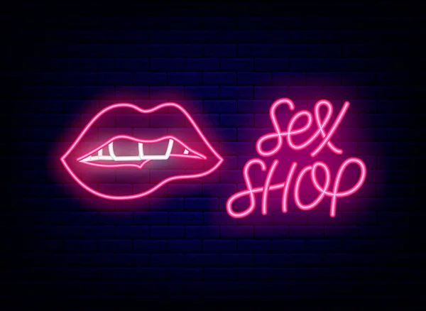 Neon Lips Sign Sex Shop Lettering Night Bright Promotion Intimate — Stock Vector