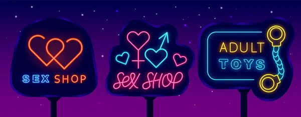 Sex Shop Neon Straßenplakate Sammlung Emblem Für Erwachsenenspielzeug Auf Einem — Stockvektor