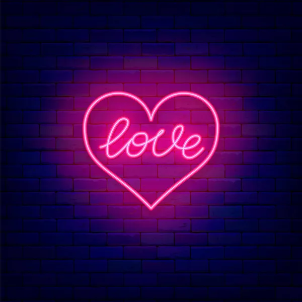 Milostný Neonový Znak Tvaru Srdce Lesklé Písmo Šťastného Valentýna Logo — Stockový vektor