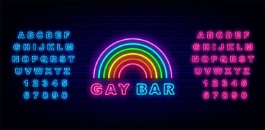 Alfabesiyle gökkuşağı renginde gay bar logosu. Homoseksüellik kavramı. Gece lambası. Dış ışıldayan efekt posteri. Vektör stok illüstrasyonu