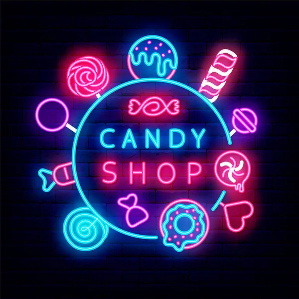 Leuchtreklame Süßwarenladen Mit Vielen Süßigkeiten Rundes Layout Mit Text Sweet — Stockvektor