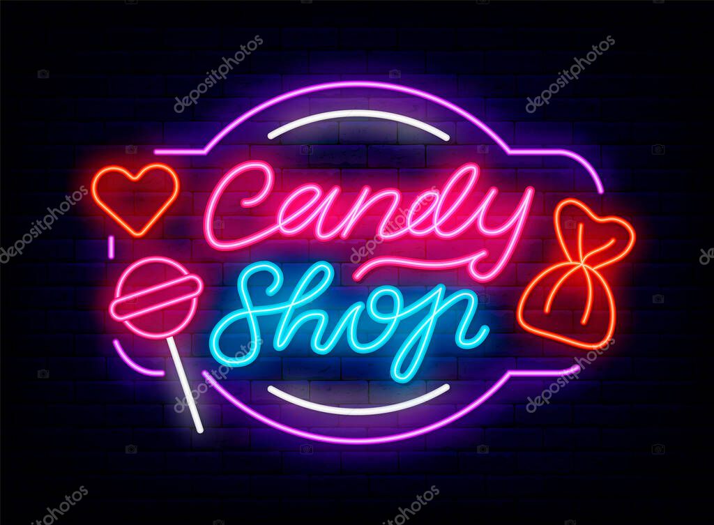 Candy shop neon lettering signboard. Sweet shop label. Lollipop icon on brick wall background. Luminous logo. Outer glowing effect banner. Editable stroke. Isolated vector illustration