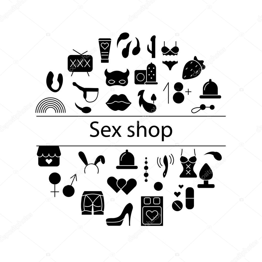 Sex shop circle layout with headline text and glyph icons. Market logotype. Round sign. Adult toys. Intimate store. Sex shop emblem. Black symbol set. Isolated vector stock illustration
