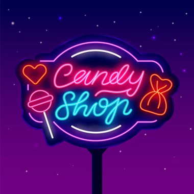 Şekerci dükkanının neon harfleri sokak reklam panosu. Tatlı dükkan etiketi. Lolipop ikonu. Parlak logo. Dış ışıldayan efekt afişi. Düzenlenebilir felç. İzole vektör illüstrasyonu