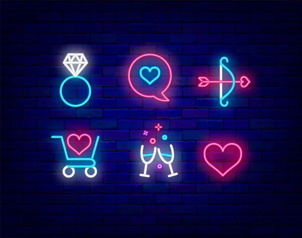 Sevgililer Günü Neon Ikonu Seti Aşk Kalp Sohbet Romantik Bir — Stok Vektör