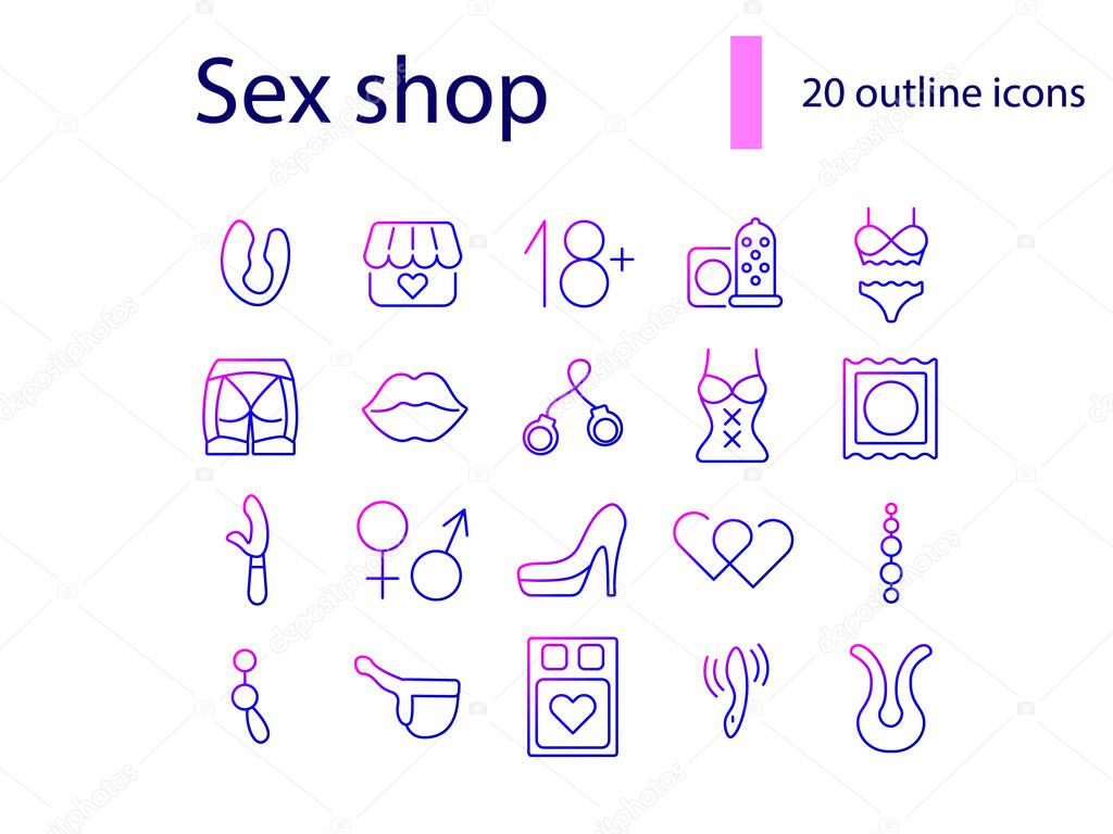 Making love accessories outline icons set. Sex shop. Adult goods. Purple gradient symbols collection. Isolated vector stock illustration