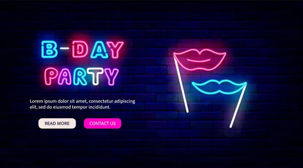 Geburtstagsparty Neon Landing Page Vorlage Schnurrbart Und Lippen Maskieren Festflyer — Stockvektor