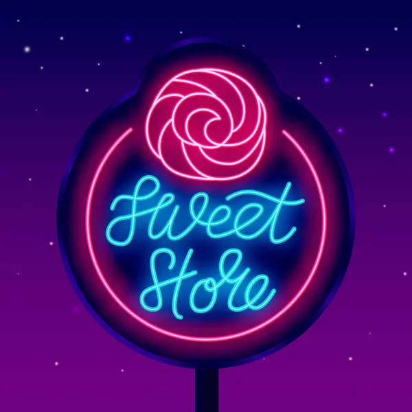 Süßwarengeschäft Neon Straßenwerbetafel Mit Schriftzug Verdrehte Rosa Bonbons Nachtleuchtendes Logo — Stockvektor