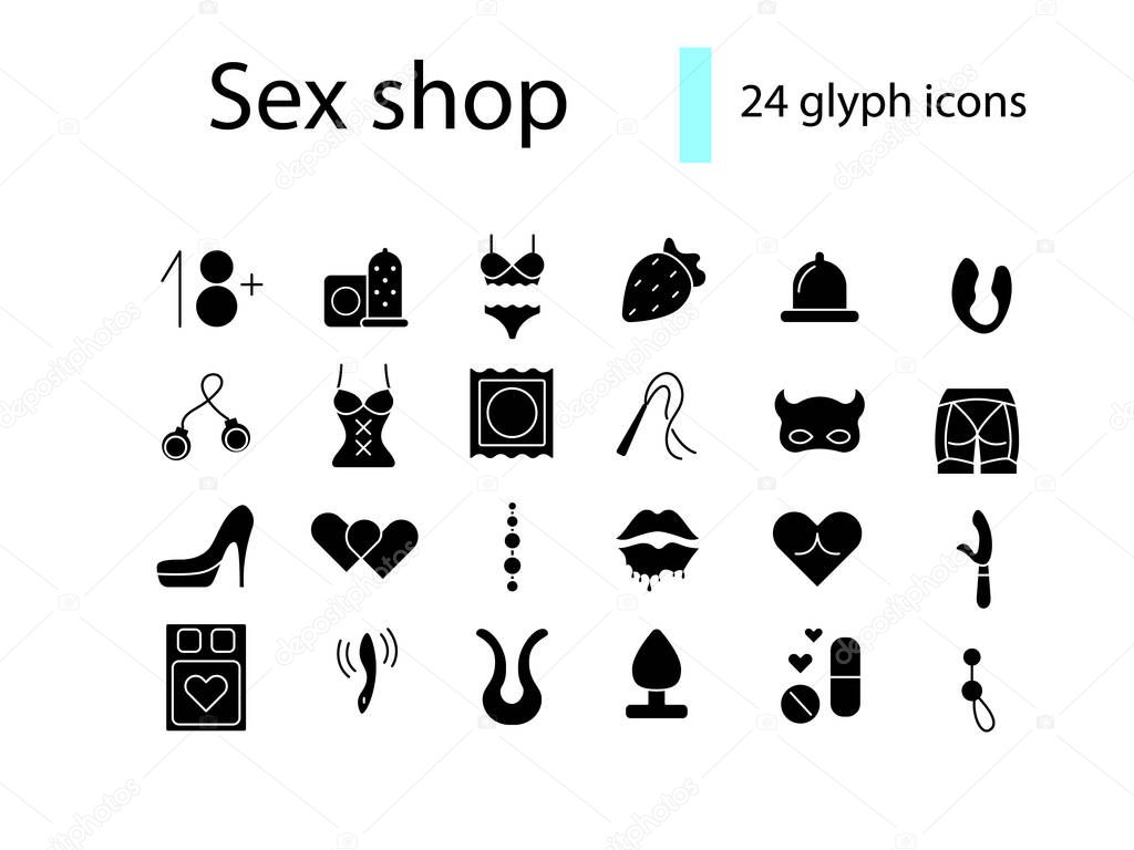 Erotic goods glyph icons set. Sex shop. Adult toys. Products for making love. Black filled symbols collection. Isolated vector stock illustration