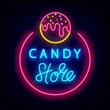 Şekerci dükkanı tabelası. Parlak ikonlu kek çubuğu. Amerikan leziz topu. Güzel mağaza logosu. Pastane amblemi. Duvarın arkasında parlak bir gece tabelası var. Vektör stok illüstrasyonu