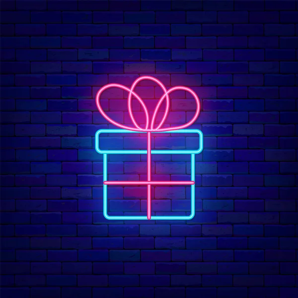 Gift Box Bow Neon Icon Giveaway Happy Birthday Concept Outer — стоковый вектор