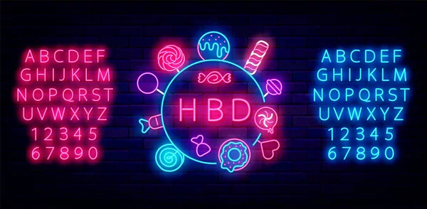 Happy Birthday Neon Emblem Shiny Alphabet Candy Sweets Frame Celebration — стоковый вектор