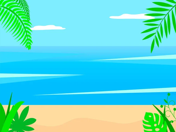 Fond Plat Plage Carte Voeux Avec Dessin Animé Iles Tropicales — Image vectorielle