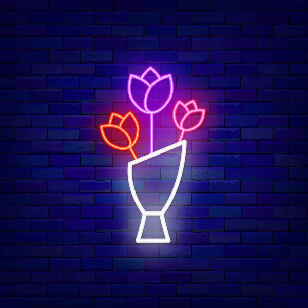 Flower Bouquet Neon Icon Happy Birthday Concept Outer Glowing Effect — стоковый вектор