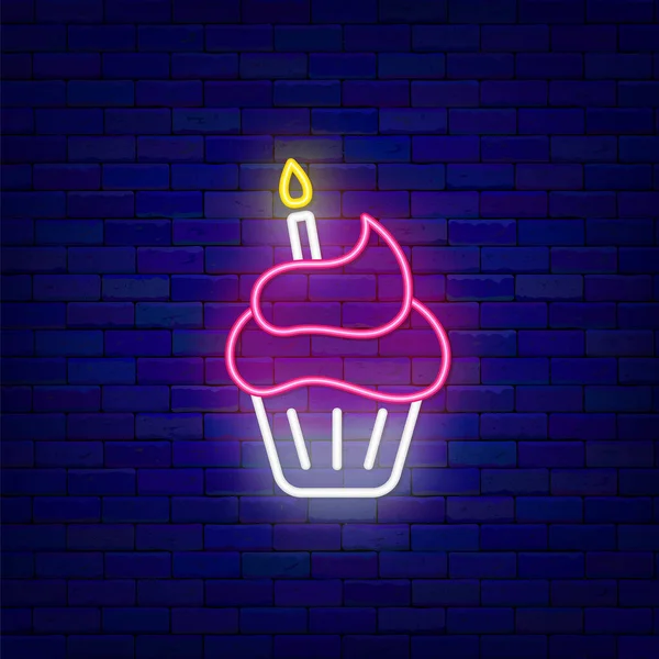 Cupcake Con Icono Neón Vela Feliz Cumpleaños Concepto Banner Efecto — Vector de stock