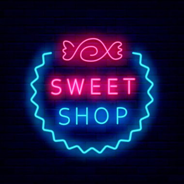Şeker dükkanının neon ışıklı tabelası. Duvarda parlak bir tabela var. Parlak etiket. Dış ışıldayan efekt afişi. Düzenlenebilir felç. İzole vektör stok illüstrasyonu
