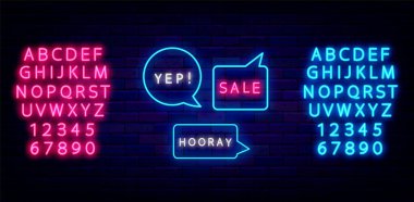 Çizgi roman konuşma baloncukları neon tabela koleksiyonu. Evet, yaşasın ve satılık parlak metin. Parlak mavi ve pembe alfabe. Parlak efekt afişi. Sosyal medya mesajı. Tuğla duvarda sohbet kutusu. Vektör illüstrasyonu