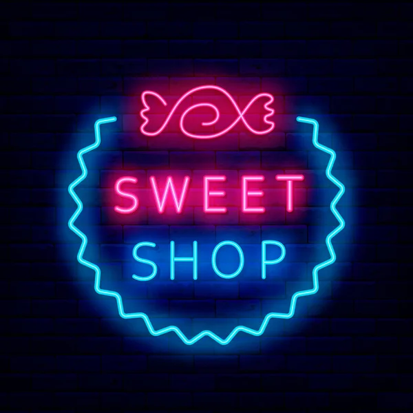 Sweet Shop Neon Sign Candy Night Bright Signboard Brick Wall — Vettoriale Stock