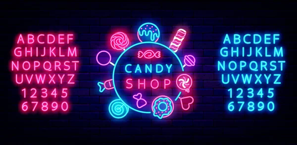 Candy Shop Neon Signboard Lots Sweets Sweet Store Logo Alphabet — стоковый вектор