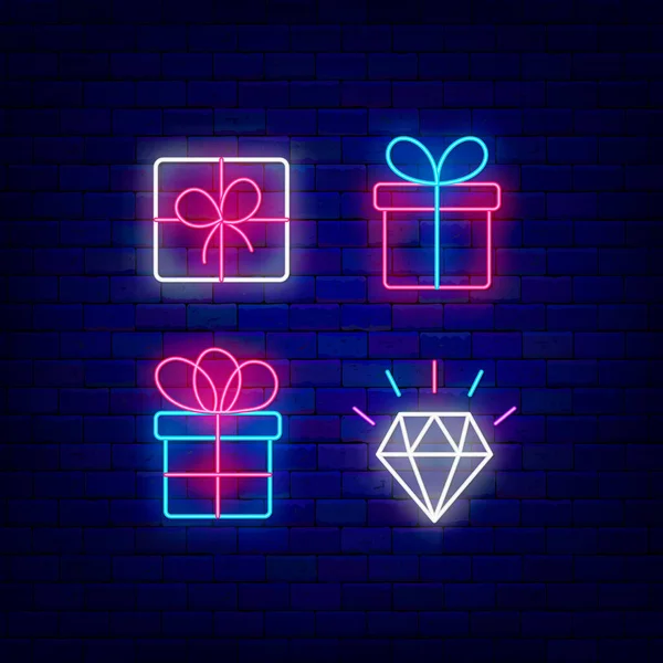 Gift Boxes Neon Icon Collection Shiny Diamond Present Surprise Concept Stock Illusztrációk