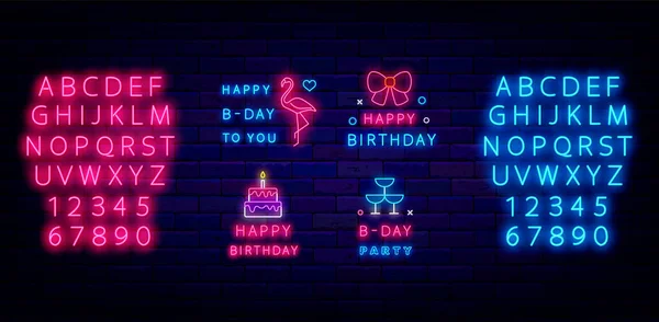 Happy Birthday Neon Emblem Set Blue Pink Glowing Alphabet Flamingo — стоковый вектор