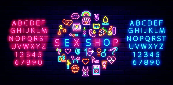 Parlak Ikonlu Seks Dükkanı Metni Mavi Pembe Işık Alfabesi Şablon Telifsiz Stok Illüstrasyonlar