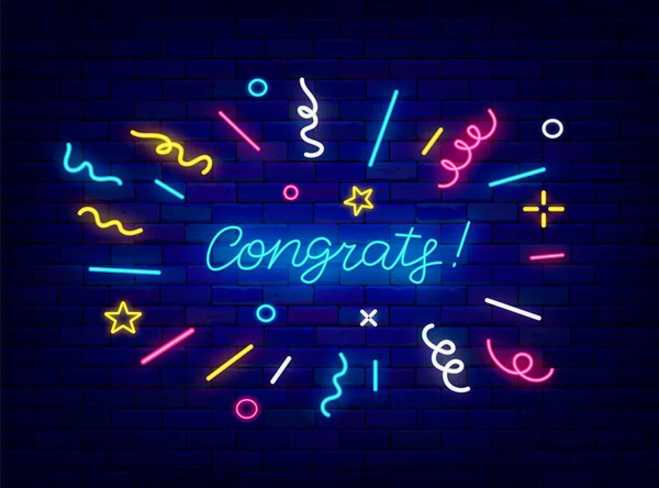 Congrats Neon Lettering Confetti Frame Streamer Sparkles Exploding Winner Celebration Векторная Графика