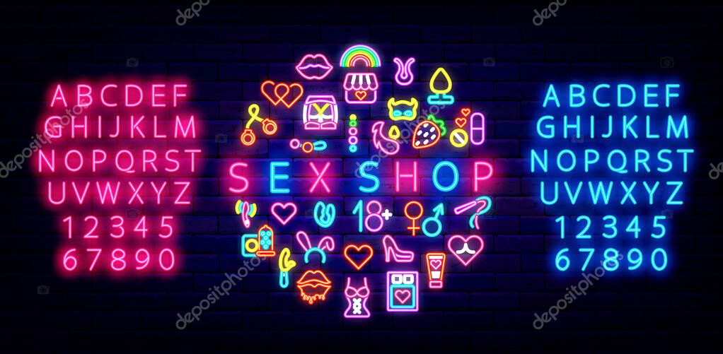 Sex shop neon text with shiny icons. Blue and pink light alphabet. Circle template emblem with text. Intimate accessory. Glowing sign on brick wall. Vector stock illustration