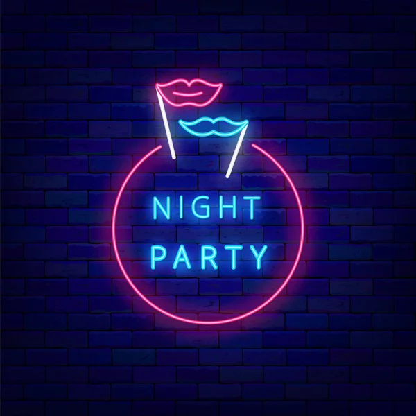 Night Party Neon Sign Club Invitation Masquerade Lips Mustache Stick — Stockový vektor