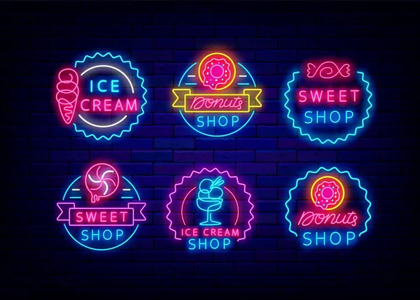 Candy Shop Neon Signboard Icons Circle Badge Cafe Sign Collection Лицензионные Стоковые Векторы