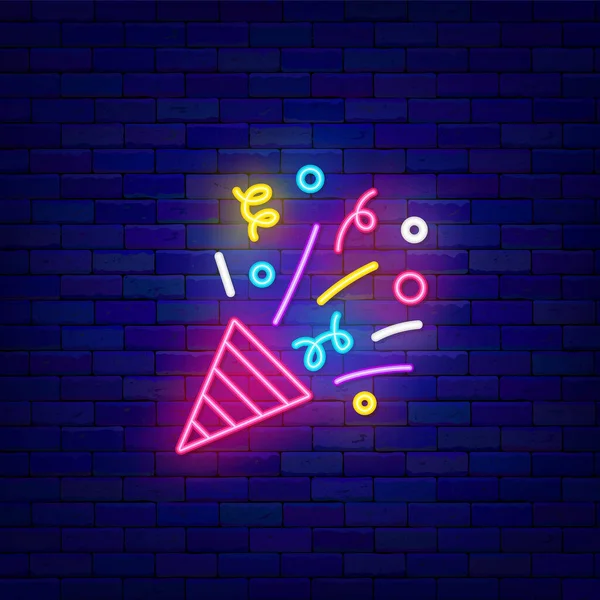 Exploding Popper Neon Icon Happy Birthday Concept Flapper Confetti Streamers — Stockvektor