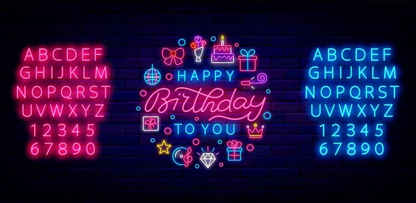 Happy Birthday Neon Lettering Circle Template Blue Pink Alphabet Greeting — Vector de stock