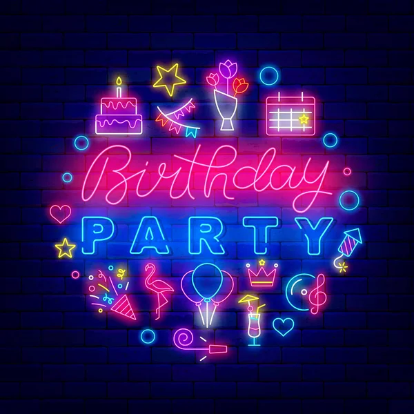 Birthday Party Neon Lettering Bright Icons Circle Layout Text Shiny — Vector de stock