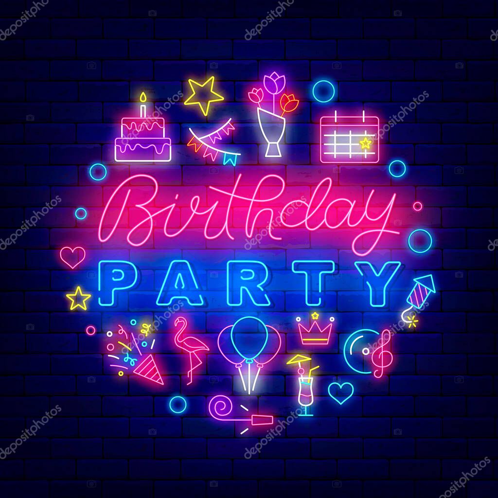 Birthday party neon lettering with bright icons. Circle layout with text. Shiny greeting card. Cake, firework and garland. Holiday design on brick wall. Vector stock illustration