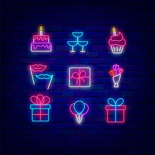 Colección Iconos Neón Cumpleaños Feliz Cumpleaños Concepto Banner Efecto Luz — Archivo Imágenes Vectoriales