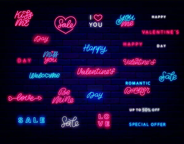 Happy Valentines Day Leuchtreklame Kollektion Buchstabenwörtersatz Liebe Und Urlaub Sei — Stockvektor