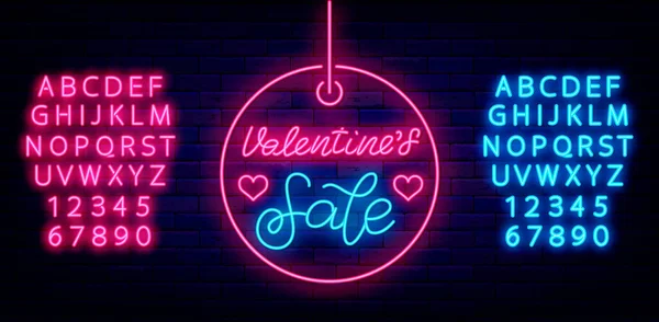 Valentines Sale Neon Schriftzug Kreis Etikett Leichte Werbung Mit Alphabet — Stockvektor