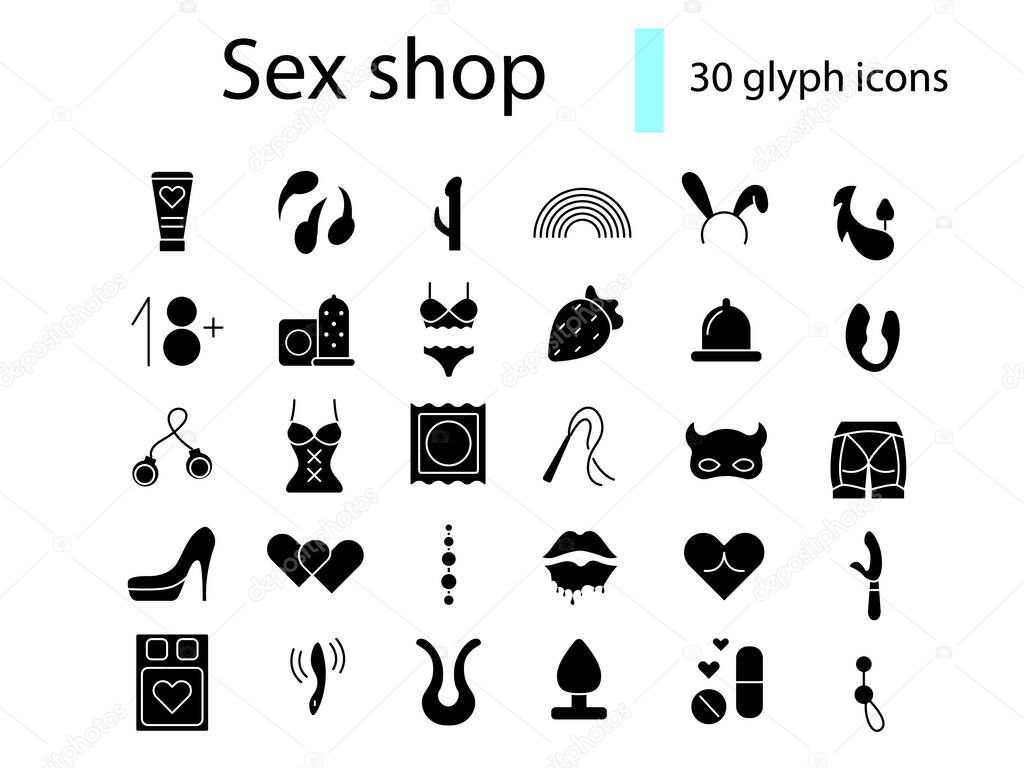Sex shop accessories glyph icons set. Adult toys. Erotic goods. Nightlife store. Black filled symbols collection. Isolated vector stock illustration