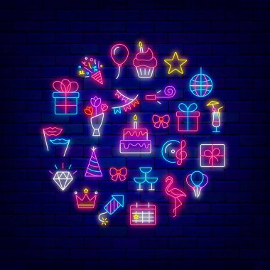 Tatil planının neon simgesini çember içine alın. Doğum günün kutlu olsun. Parlak efekt afişi. Tuğla duvarda kutlama tasarımı. Parlak etiket. Düzenlenebilir felç. Vektör stok illüstrasyonu