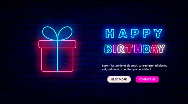 Happy Birthday Neon Promotion Pink Gift Box Bow Website Template — Stock Vector