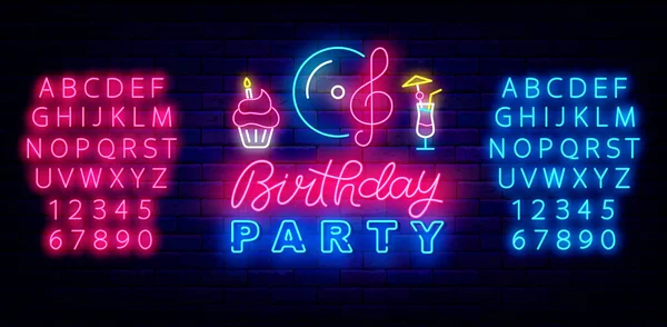 Birthday Party Neon Sign Shiny Blue Pink Alphabet Greeting Card — Stock Vector